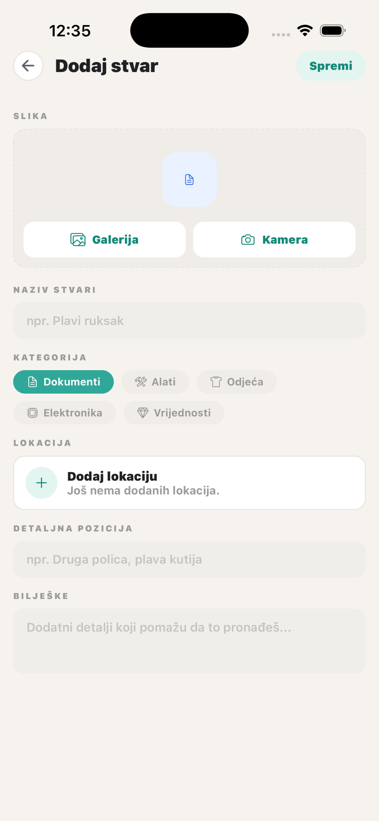 Kelvuno ekran za dodavanje stvari